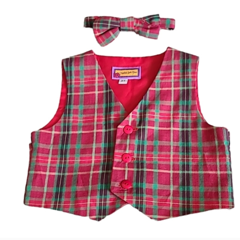 Toddler Boys 3T Plaid Christmas Vest & Bow Tie